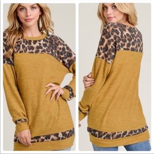 Soft Leopard Contrast Top in Mustard with Long Sleeves
